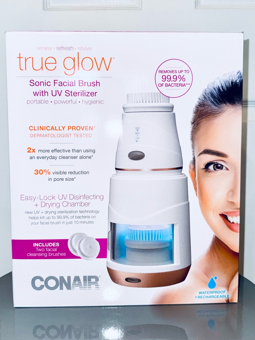 NWT Conair True Glow Sonic Facial Brush with UV Sterilizer – Rechargeable